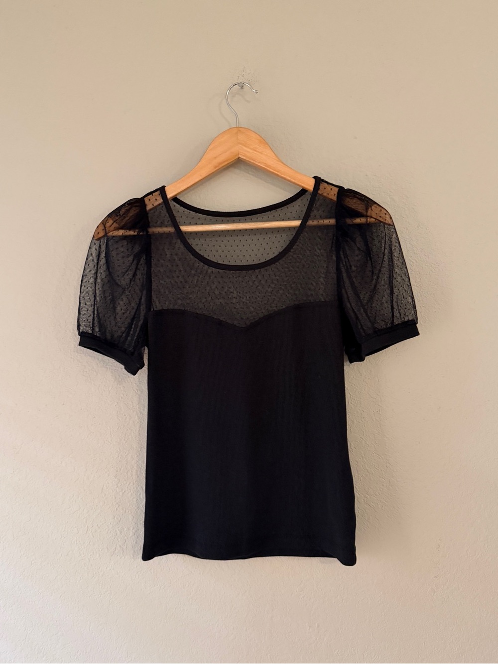 Anthropologie Maeve Sweetheart Sheer Yoke Black Puff Sleeve Top Size Small